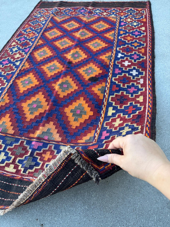 3x5 Handmade Vintage Afghan Kilim Rug | Crimson Scarlet Blood Red Black Pine Lime Green Yellow Orange Pink Royal Navy Baby Blue | Wool