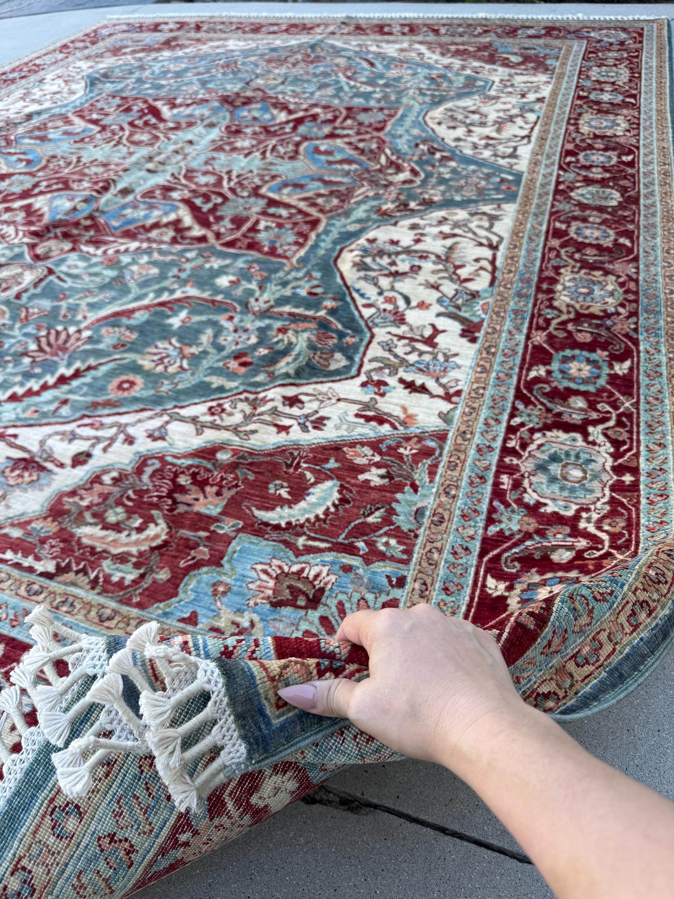 8x10 (243x292) Handmade Afghan Rug | Red Coral Sky Blue Aqua Grey | Traditional Floral