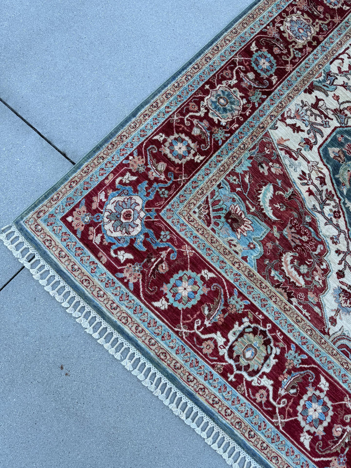 8x10 (243x292) Handmade Afghan Rug | Red Coral Sky Blue Aqua Grey | Traditional Floral