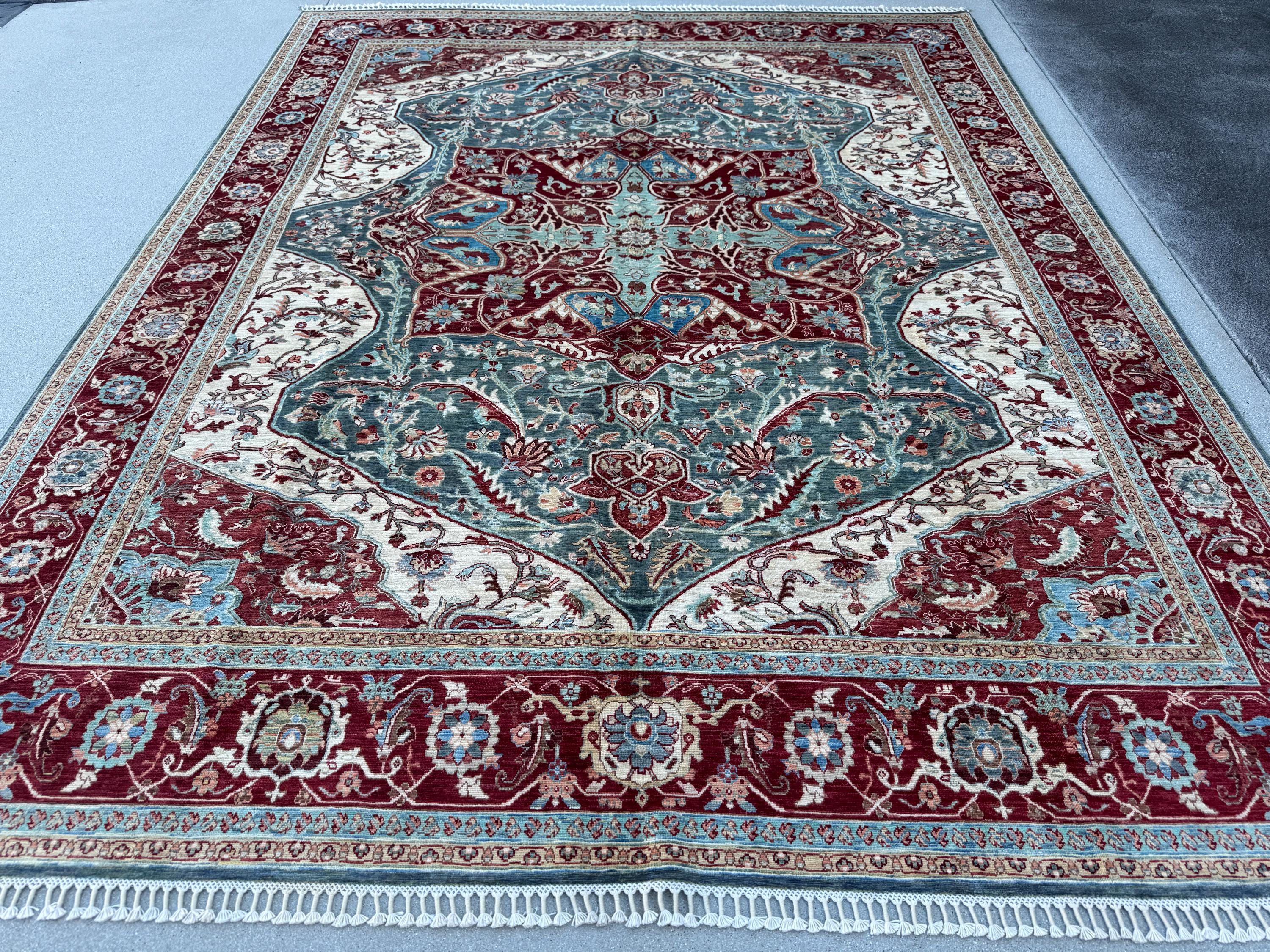 8x10 (243x292) Handmade Afghan Rug | Red Coral Sky Blue Aqua Grey | Traditional Floral