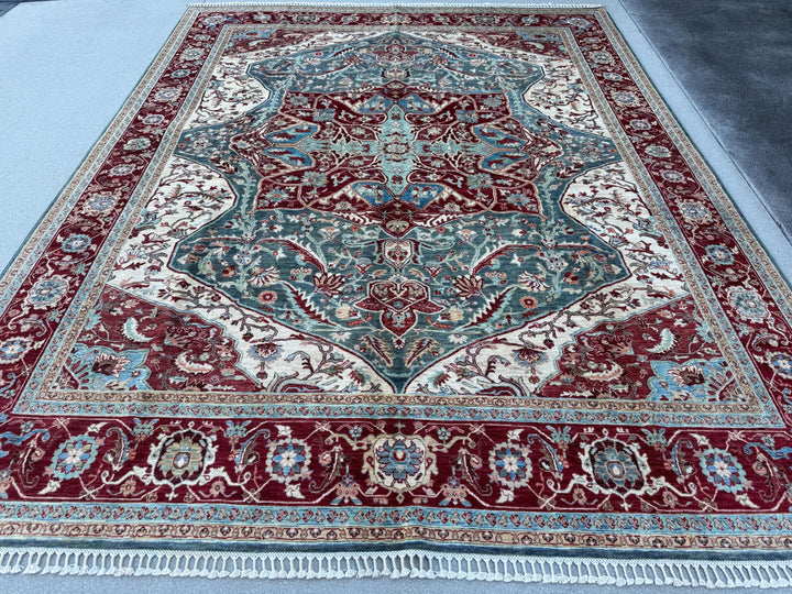 8x10 (243x292) Handmade Afghan Rug | Red Coral Sky Blue Aqua Grey | Traditional Floral