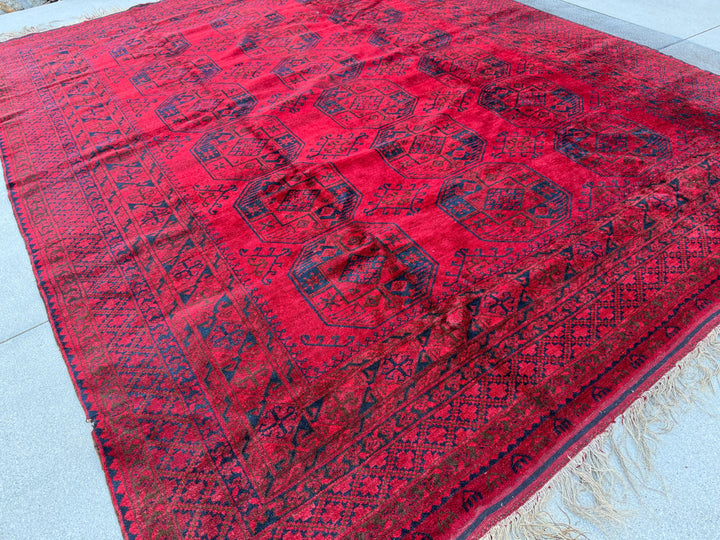9x12 Handmade Afghan Wool Rug | Red Khal Mohammadi Rug | Traditional Tribal Geometric Area Rug