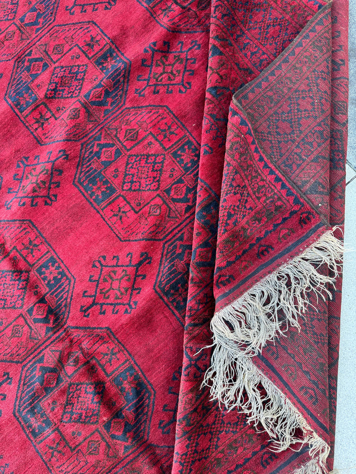 9x12 Handmade Afghan Wool Rug | Red Khal Mohammadi Rug | Traditional Tribal Geometric Area Rug