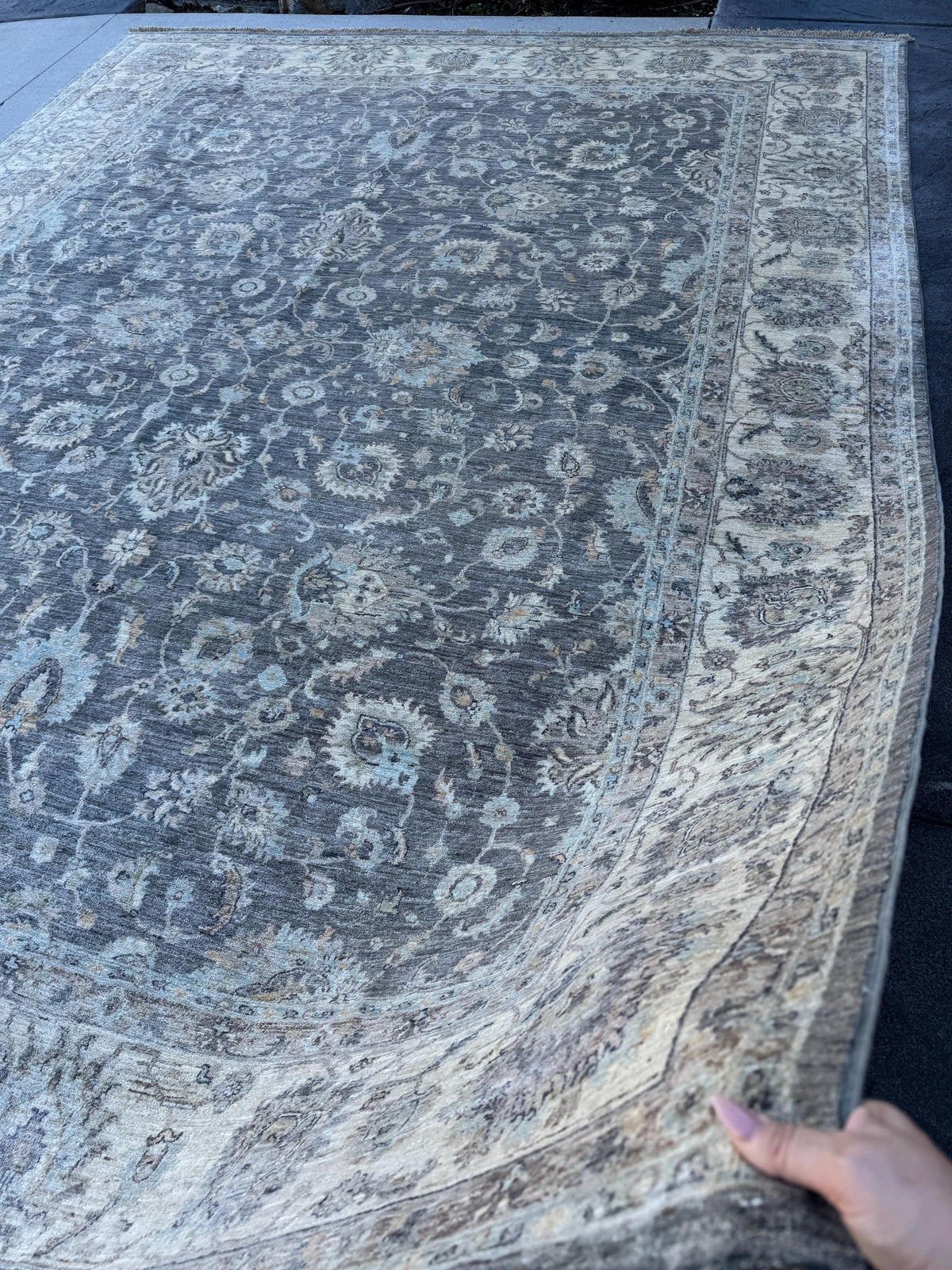 10x10 Handmade Afghan Wool Rug | Grey Oushak Floral Rug | Neutral Square Traditional Area Rug