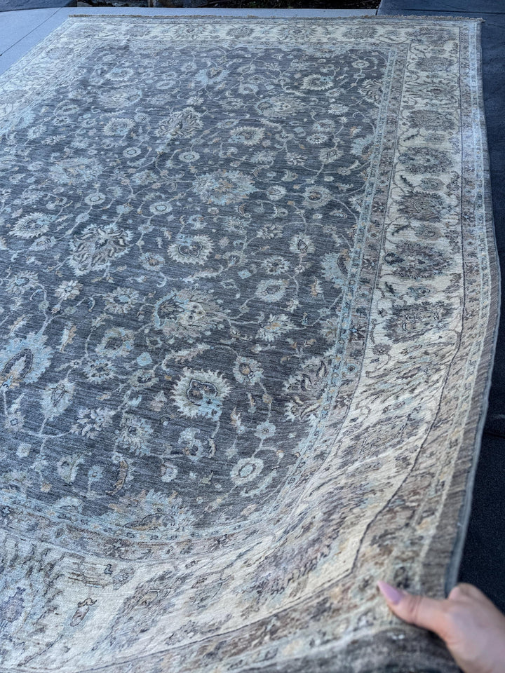 10x10 Handmade Afghan Wool Rug | Grey Oushak Floral Rug | Neutral Square Traditional Area Rug