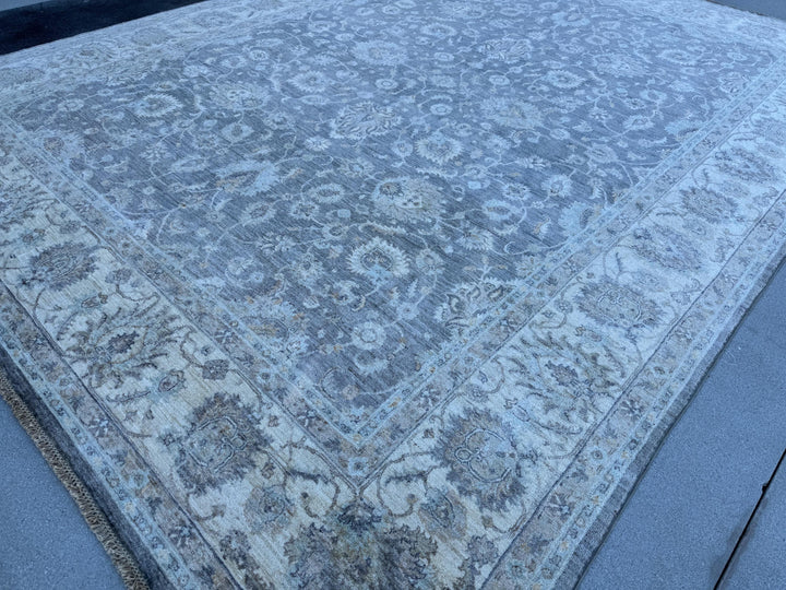 10x10 Handmade Afghan Wool Rug | Grey Oushak Floral Rug | Neutral Square Traditional Area Rug