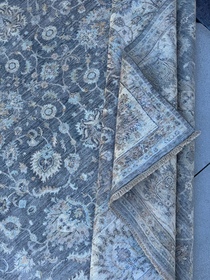 10x10 Handmade Afghan Wool Rug | Grey Oushak Floral Rug | Neutral Square Traditional Area Rug