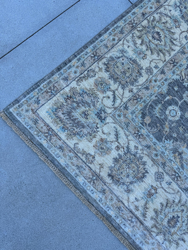 10x10 Handmade Afghan Wool Rug | Grey Oushak Floral Rug | Neutral Square Traditional Area Rug