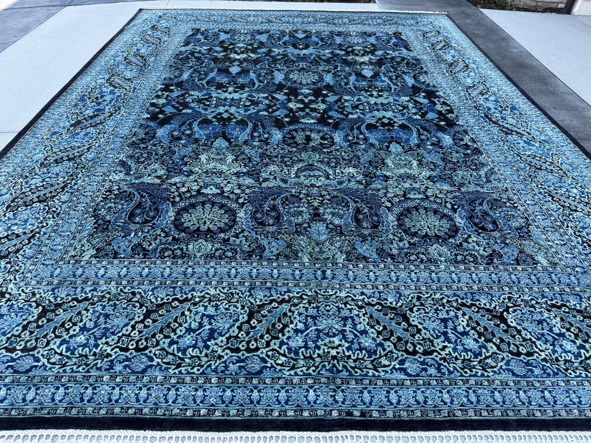 12x15 Handmade Afghan Wool Rug | Navy Blue Floral Rug | Large Traditional Botanical Area Rug