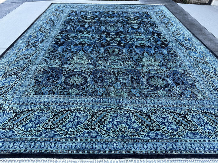 12x15 Handmade Afghan Wool Rug | Navy Blue Floral Rug | Large Traditional Botanical Area Rug