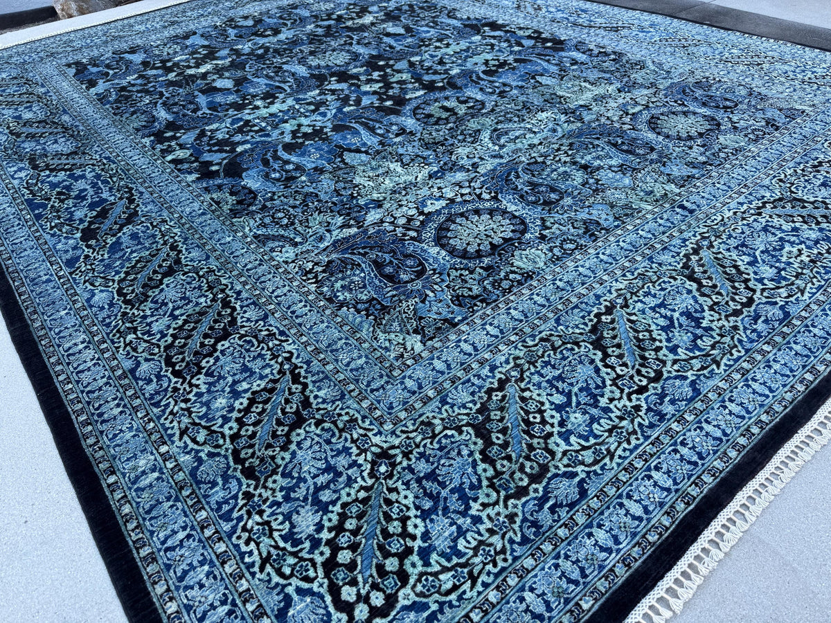 12x15 Handmade Afghan Wool Rug | Navy Blue Floral Rug | Large Traditional Botanical Area Rug