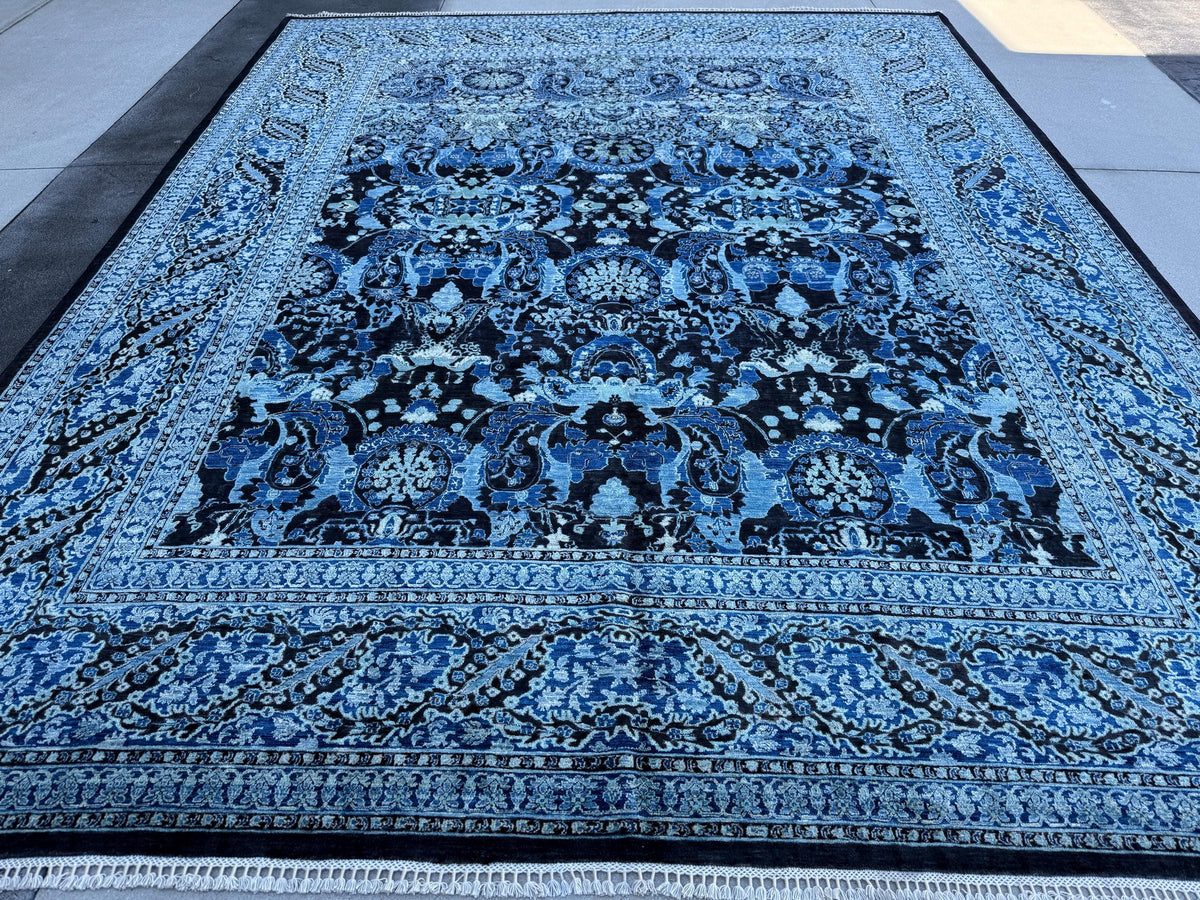 12x15 Handmade Afghan Wool Rug | Navy Blue Floral Rug | Large Traditional Botanical Area Rug