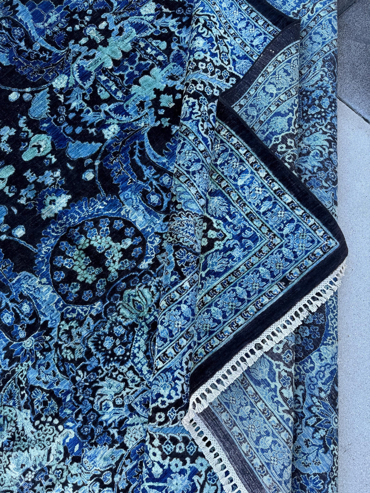 12x15 Handmade Afghan Wool Rug | Navy Blue Floral Rug | Large Traditional Botanical Area Rug