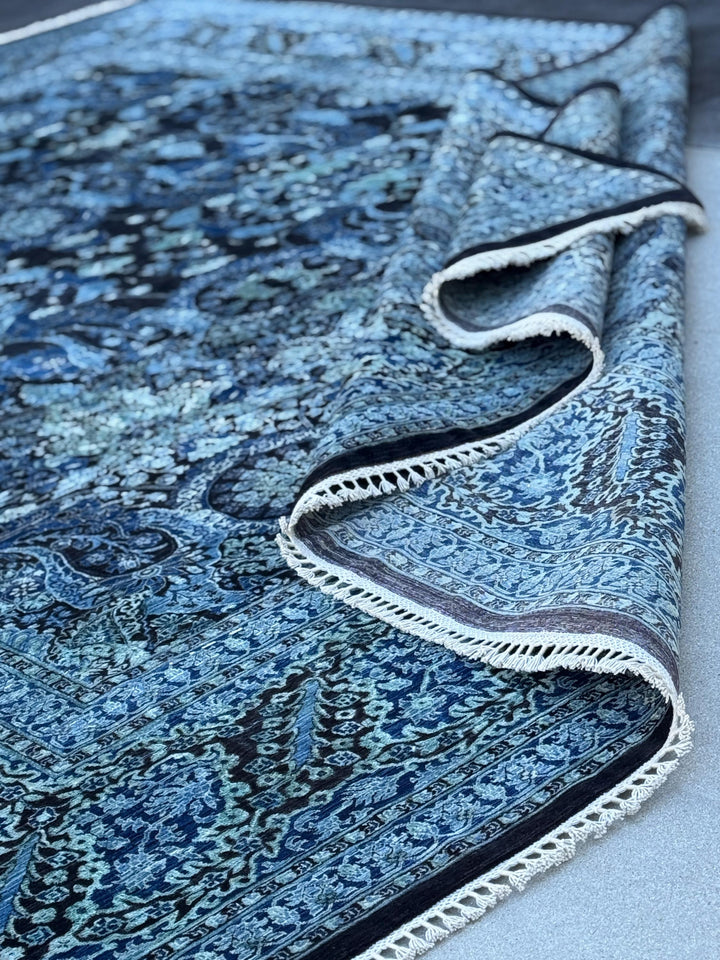 12x15 Handmade Afghan Wool Rug | Navy Blue Floral Rug | Large Traditional Botanical Area Rug