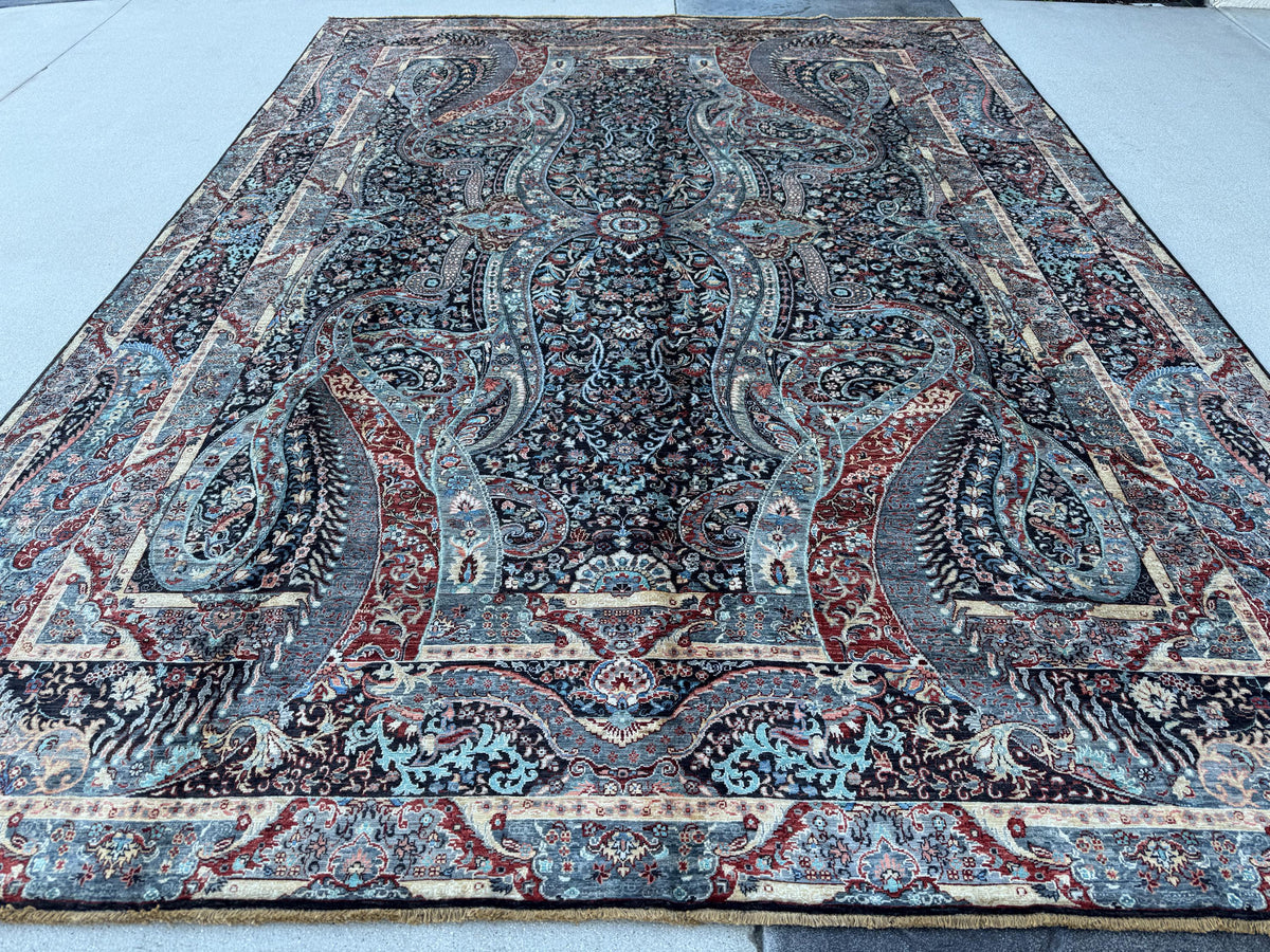 9x12 Handmade Afghan Wool Rug | Black Paisley Floral Rug | Burgundy Blue Traditional Area Rug