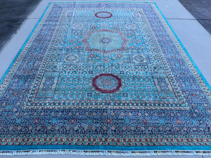 9x12 Handmade Afghan Wool Rug | Turquoise Geometric Medallion Rug | Blue Mamluk-Inspired Area Rug