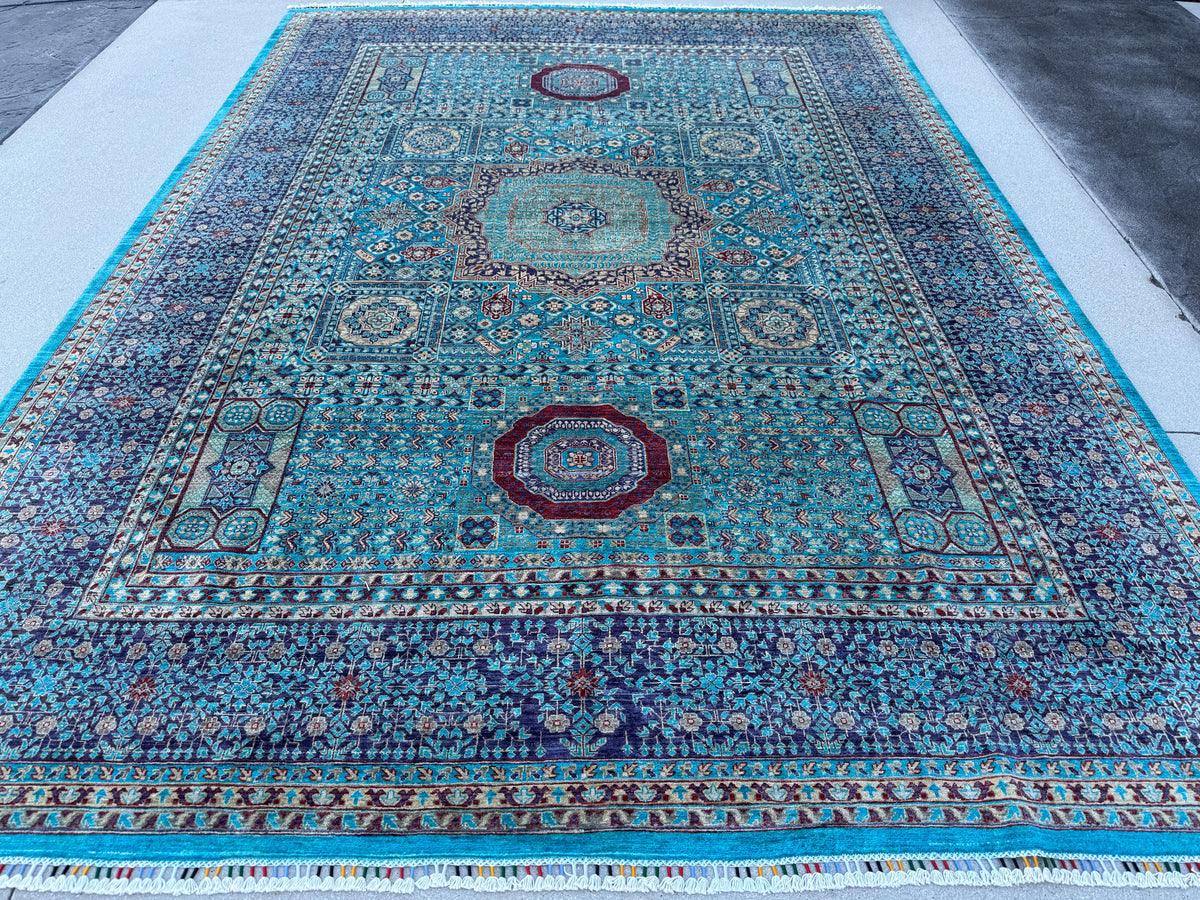 9x12 Handmade Afghan Wool Rug | Turquoise Geometric Medallion Rug | Blue Mamluk-Inspired Area Rug
