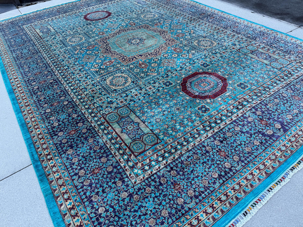 9x12 Handmade Afghan Wool Rug | Turquoise Geometric Medallion Rug | Blue Mamluk-Inspired Area Rug