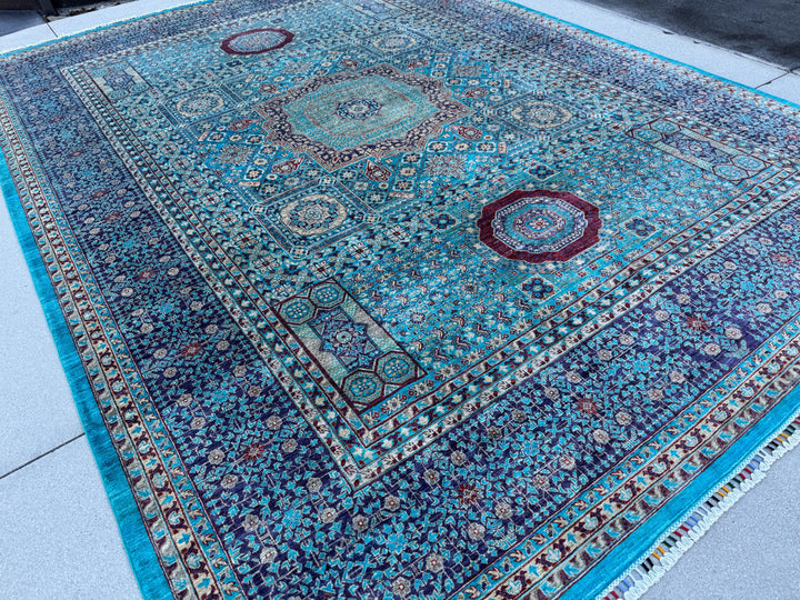 9x12 Handmade Afghan Wool Rug | Turquoise Geometric Medallion Rug | Blue Mamluk-Inspired Area Rug