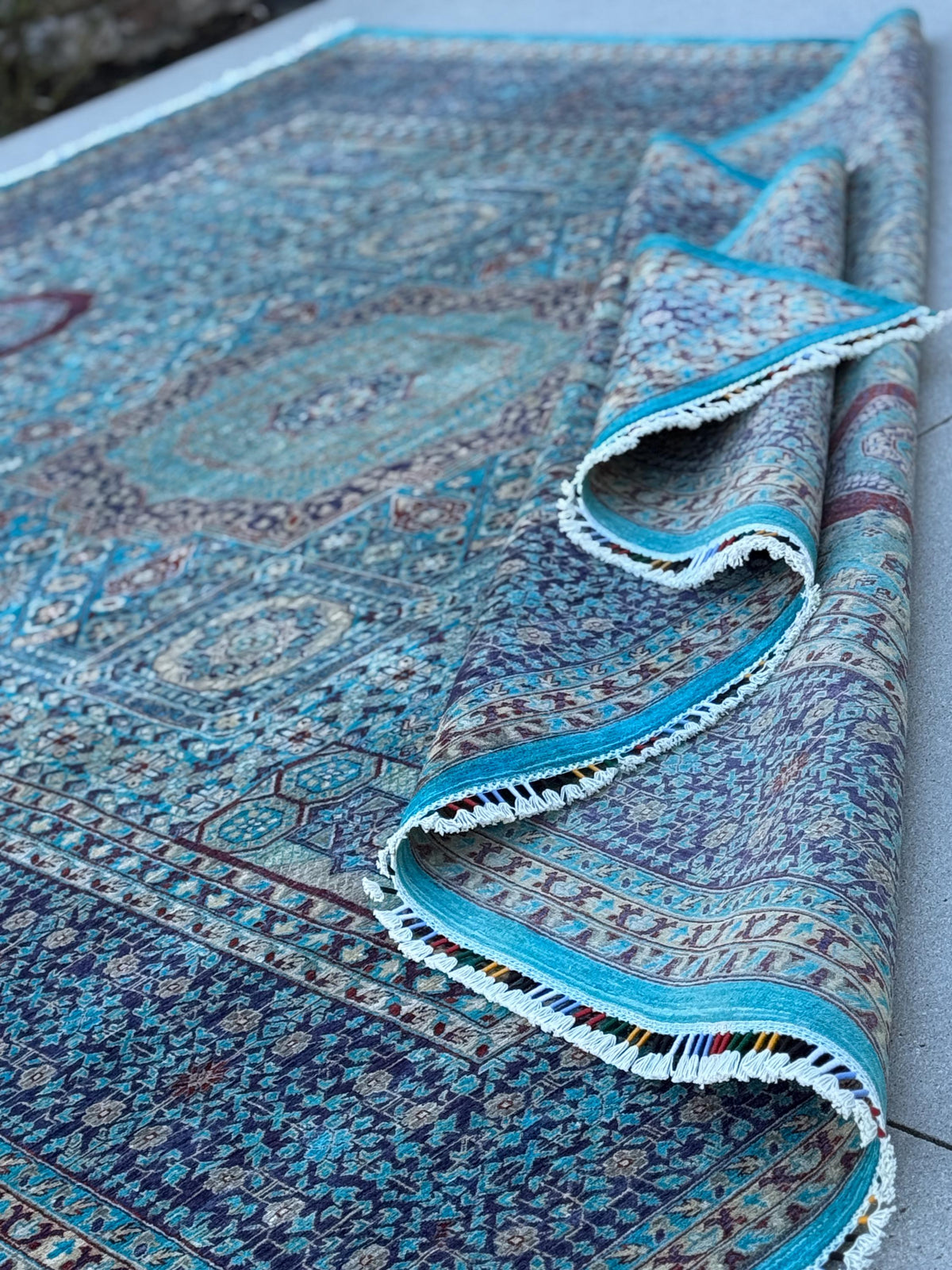 9x12 Handmade Afghan Wool Rug | Turquoise Geometric Medallion Rug | Blue Mamluk-Inspired Area Rug