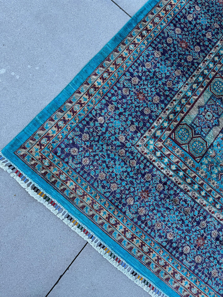 9x12 Handmade Afghan Wool Rug | Turquoise Geometric Medallion Rug | Blue Mamluk-Inspired Area Rug