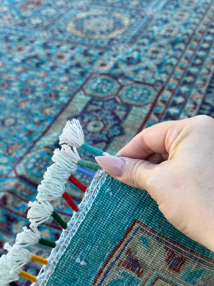 9x12 Handmade Afghan Wool Rug | Turquoise Geometric Medallion Rug | Blue Mamluk-Inspired Area Rug