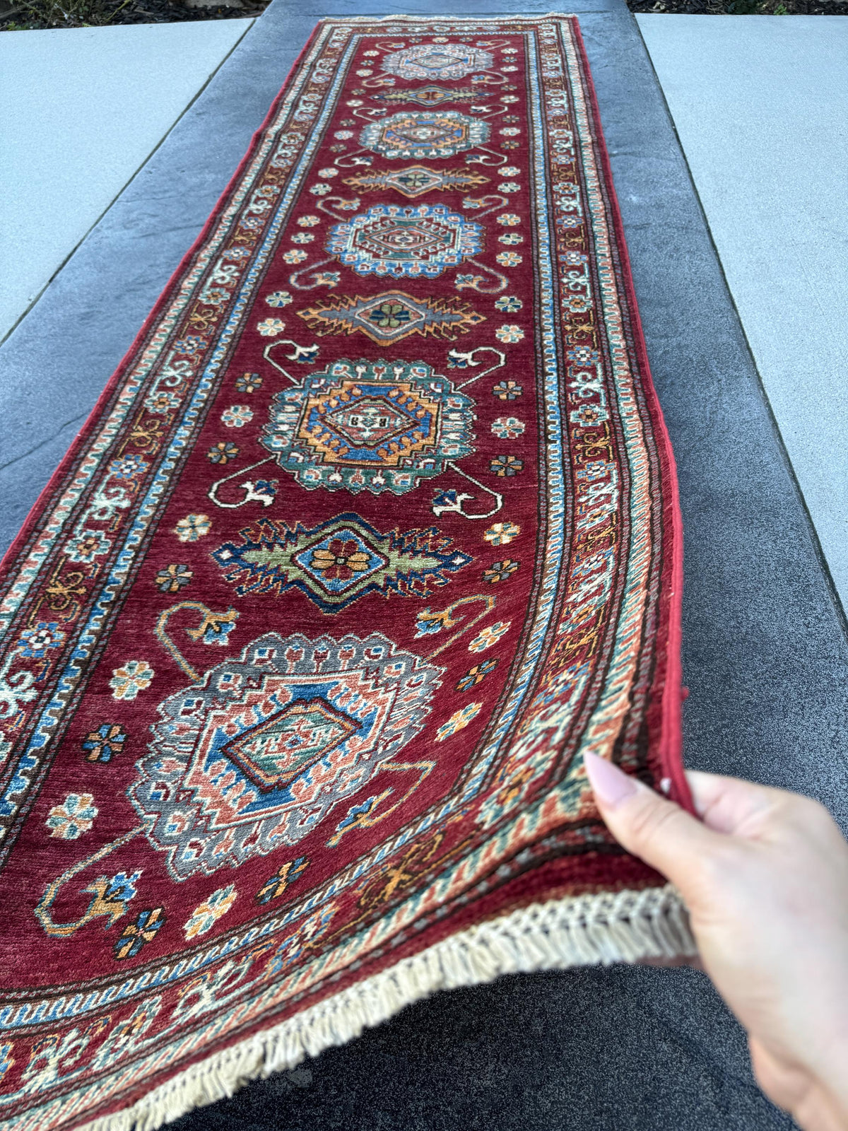 3x10 Handmade Afghan Wool Runner Rug | Red Kazak Geometric Rug | Traditional Tribal Hallway Runner
