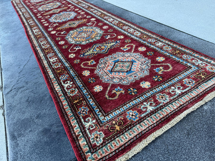 3x10 Handmade Afghan Wool Runner Rug | Red Kazak Geometric Rug | Traditional Tribal Hallway Runner