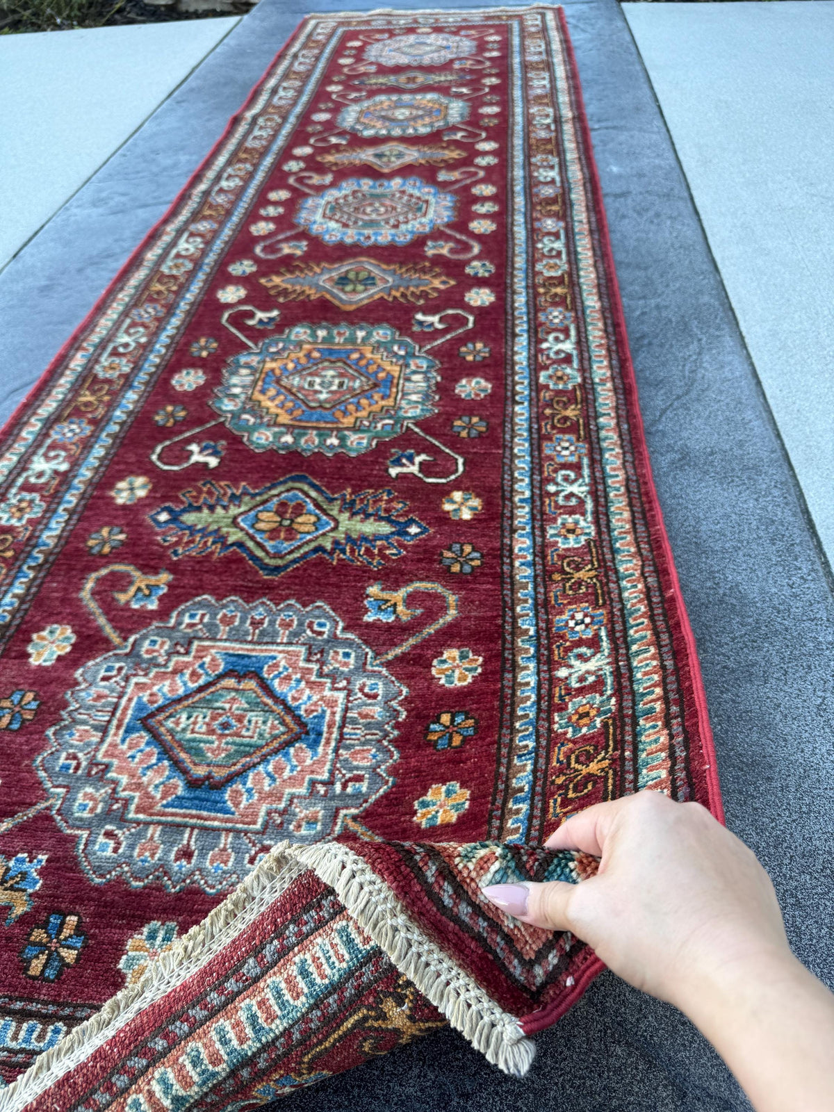3x10 Handmade Afghan Wool Runner Rug | Red Kazak Geometric Rug | Traditional Tribal Hallway Runner