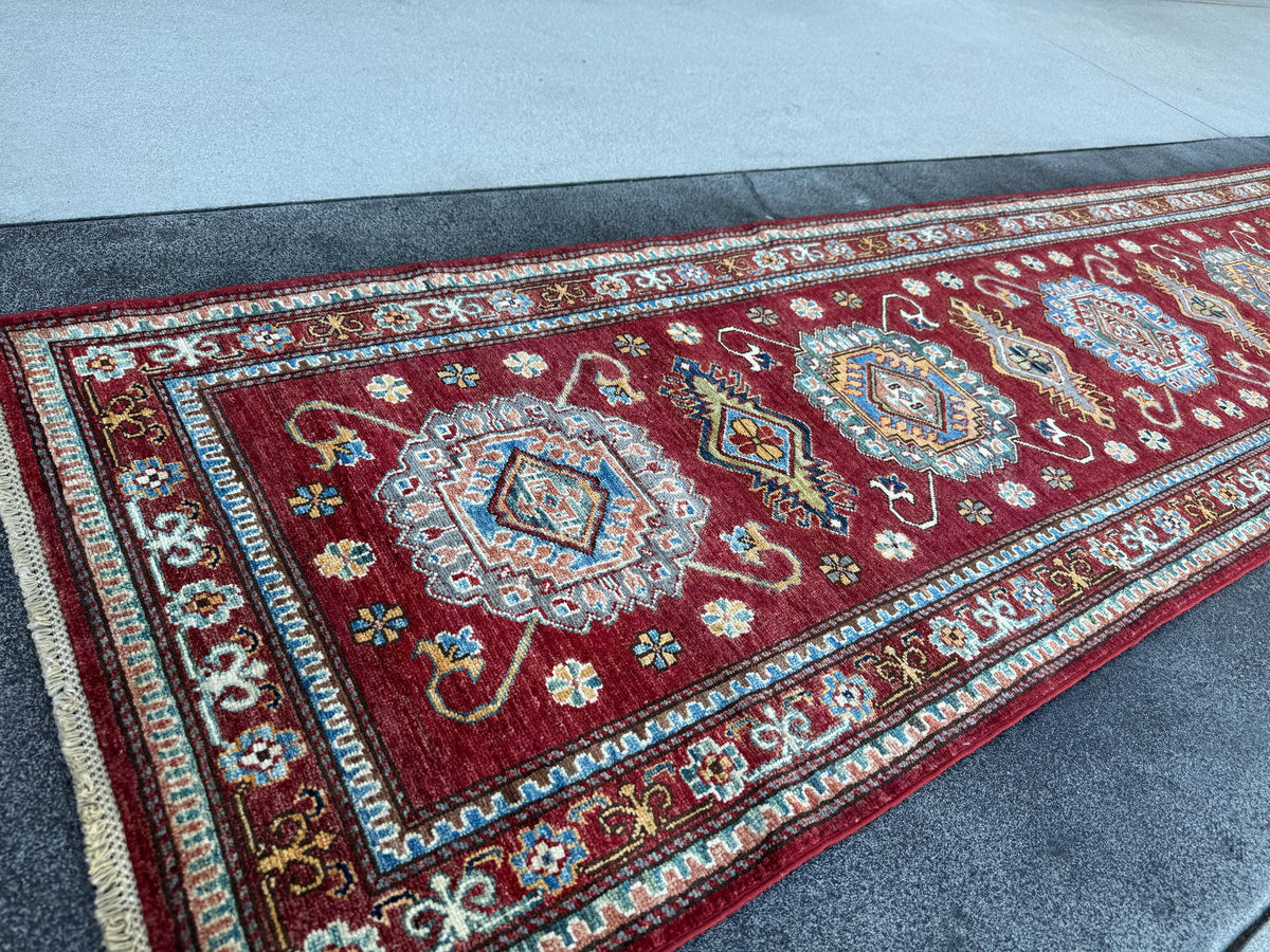 3x10 Handmade Afghan Wool Runner Rug | Red Kazak Geometric Rug | Traditional Tribal Hallway Runner