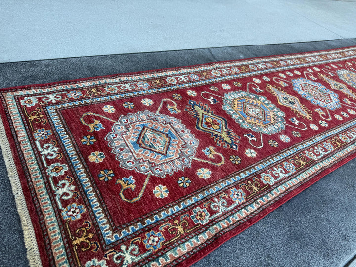 3x10 Handmade Afghan Wool Runner Rug | Red Kazak Geometric Rug | Traditional Tribal Hallway Runner