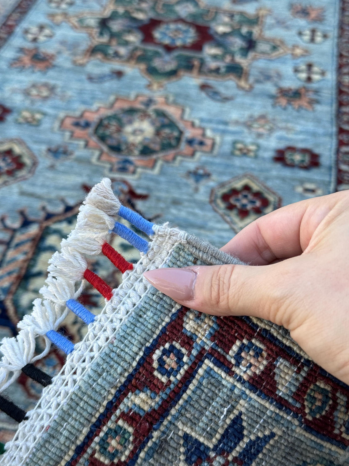 3x15 Handmade Afghan Wool Runner Rug | Light Blue Geometric Runner | Traditional Kazak Hallway Rug