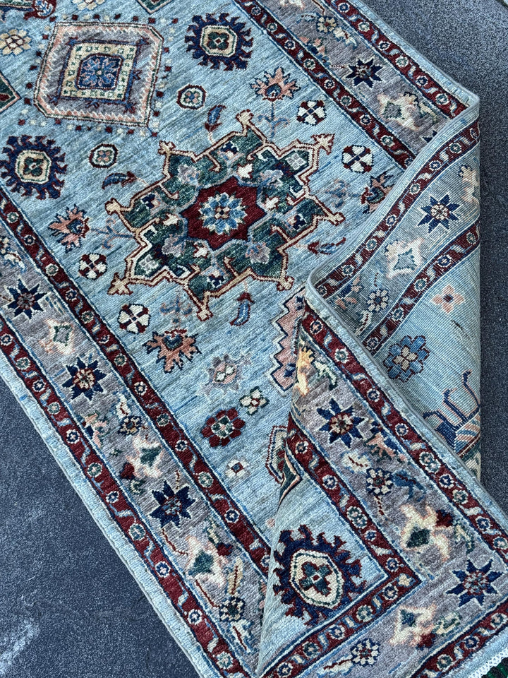 3x15 Handmade Afghan Wool Runner Rug | Light Blue Geometric Runner | Traditional Kazak Hallway Rug