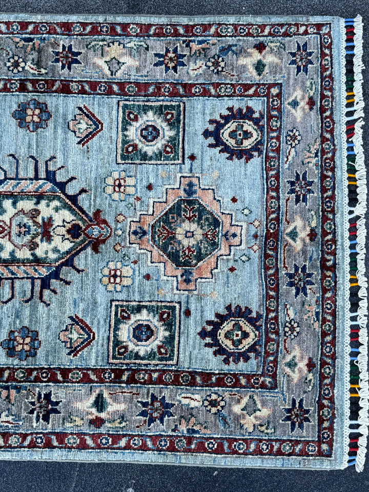 3x15 Handmade Afghan Wool Runner Rug | Light Blue Geometric Runner | Traditional Kazak Hallway Rug