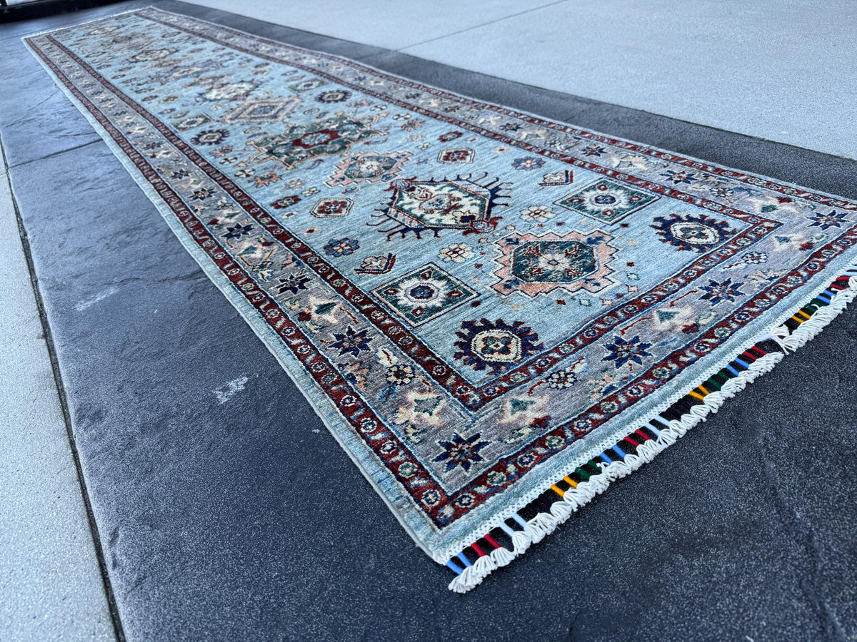 3x15 Handmade Afghan Wool Runner Rug | Light Blue Geometric Runner | Traditional Kazak Hallway Rug