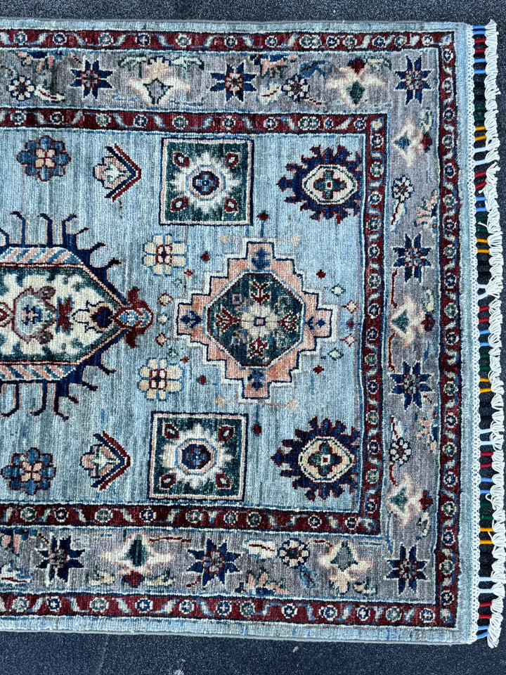 3x15 Handmade Afghan Wool Runner Rug | Light Blue Geometric Runner | Traditional Kazak Hallway Rug
