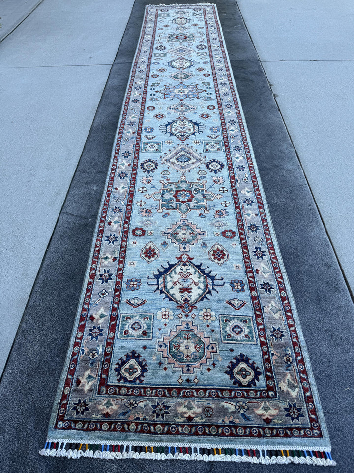 3x15 Handmade Afghan Wool Runner Rug | Light Blue Geometric Runner | Traditional Kazak Hallway Rug
