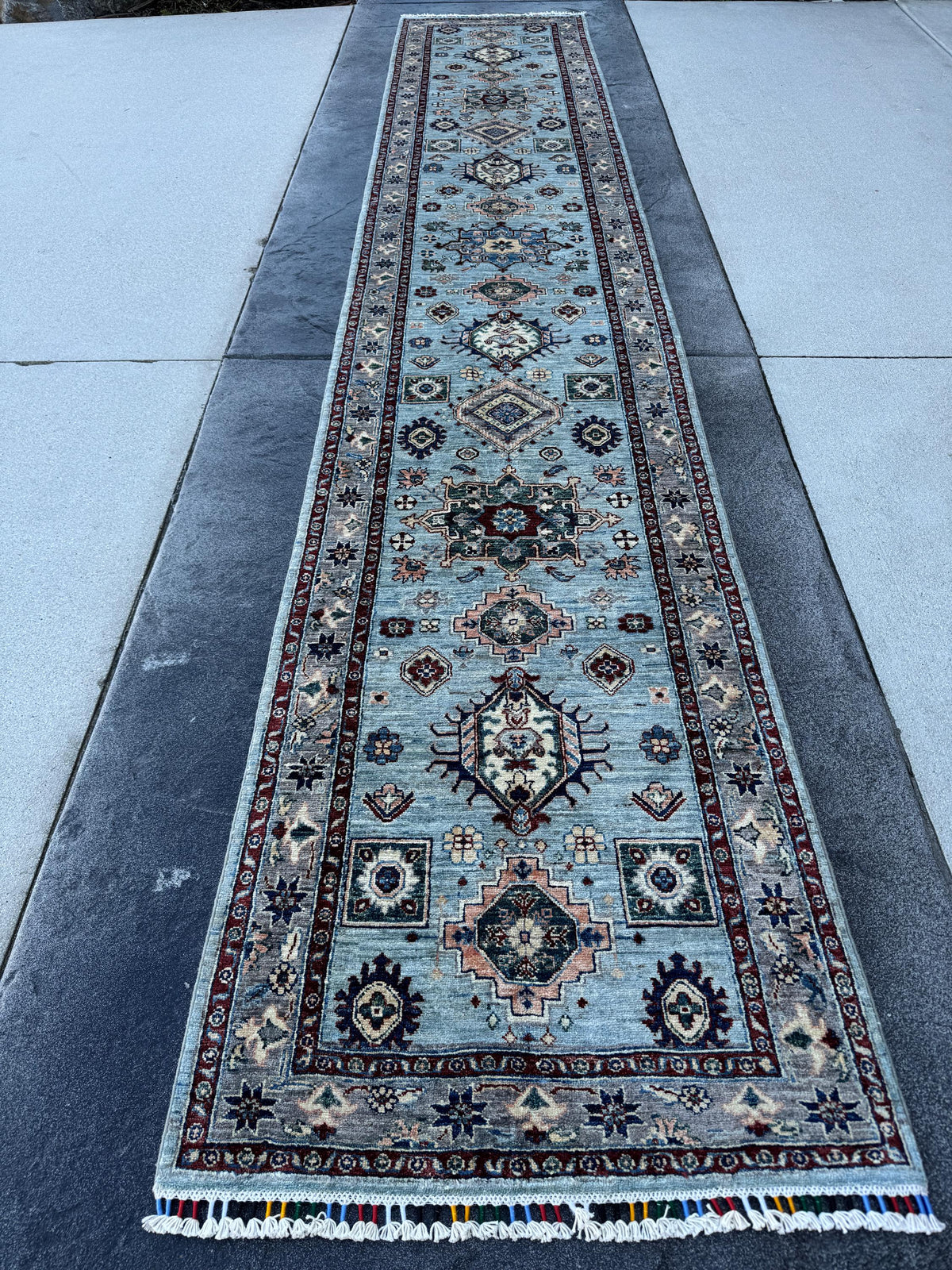 3x15 Handmade Afghan Wool Runner Rug | Light Blue Geometric Runner | Traditional Kazak Hallway Rug
