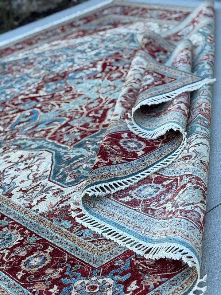 8x10 Handmade Afghan Wool Rug | Burgundy & Blue Floral Medallion Rug | Traditional Area Rug