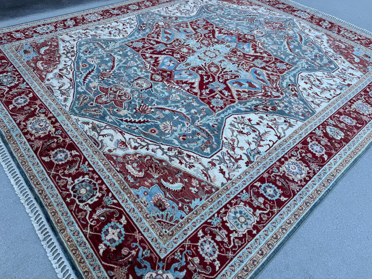 8x10 Handmade Afghan Wool Rug | Burgundy & Blue Floral Medallion Rug | Traditional Area Rug