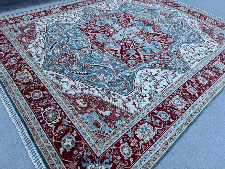 8x10 Handmade Afghan Wool Rug | Burgundy & Blue Floral Medallion Rug | Traditional Area Rug
