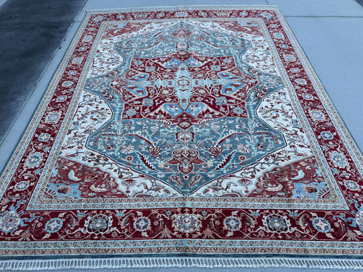 8x10 Handmade Afghan Wool Rug | Burgundy & Blue Floral Medallion Rug | Traditional Area Rug