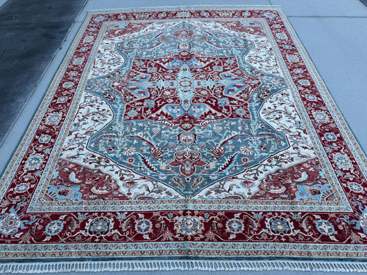 8x10 Handmade Afghan Wool Rug | Burgundy & Blue Floral Medallion Rug | Traditional Area Rug