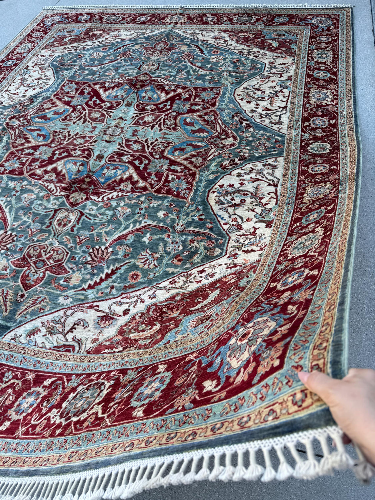 8x10 Handmade Afghan Wool Rug | Burgundy & Blue Floral Medallion Rug | Traditional Area Rug