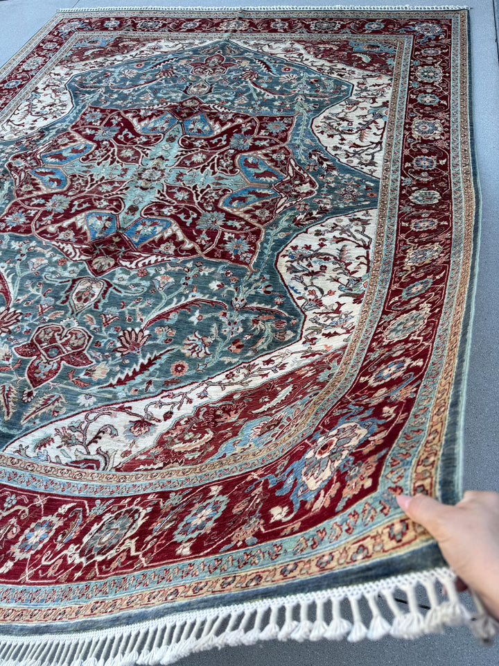 8x10 Handmade Afghan Wool Rug | Burgundy & Blue Floral Medallion Rug | Traditional Area Rug