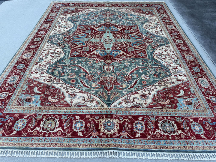 8x10 Handmade Afghan Wool Rug | Burgundy & Blue Floral Medallion Rug | Traditional Area Rug