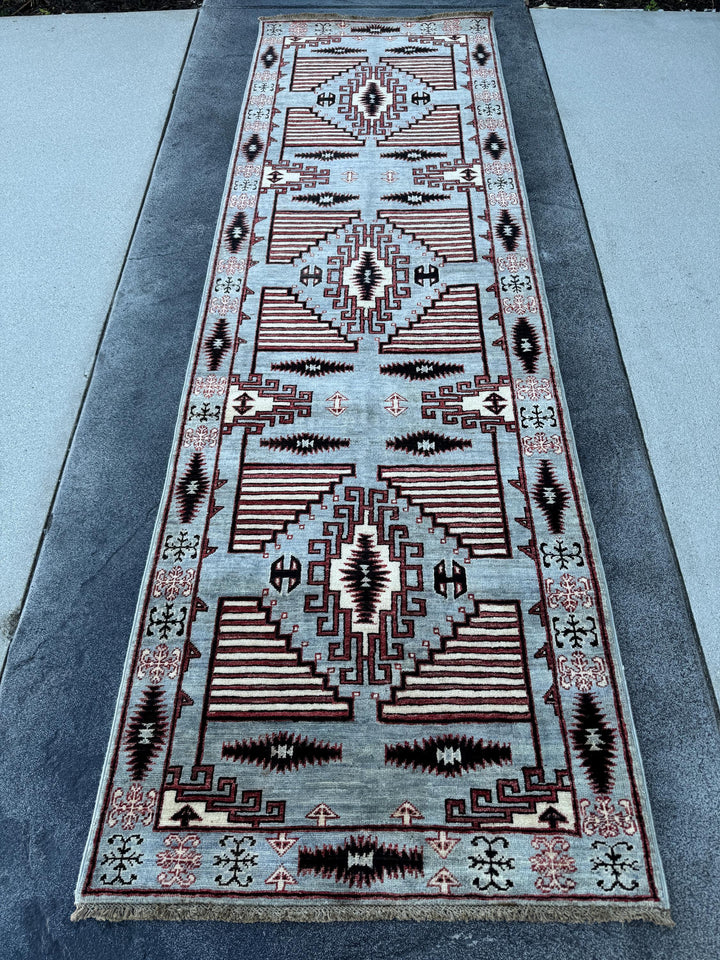 3x9 Handmade Afghan Wool Runner Rug | Grey Tribal Geometric Runner | Southwestern Hallway Rug
