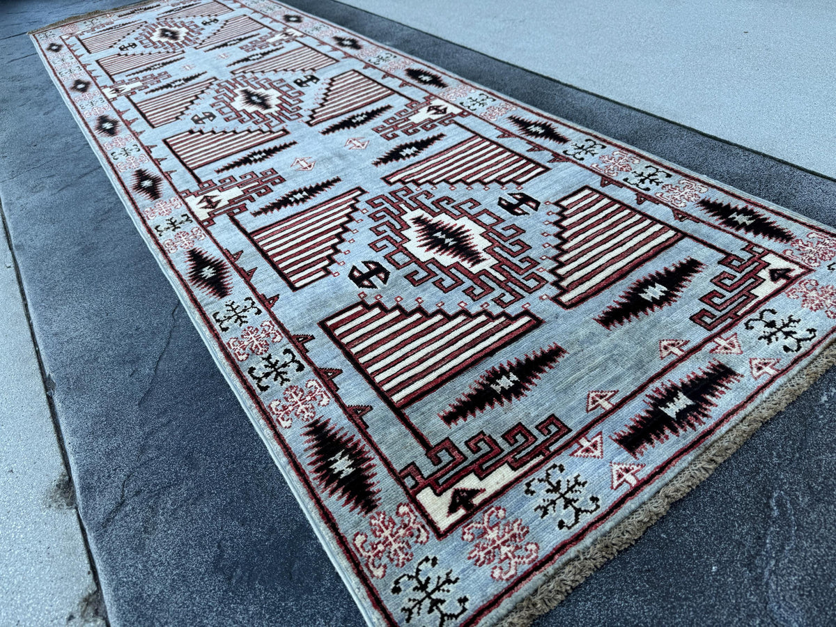 3x10 Handmade Afghan Wool Runner Rug | Grey Tribal Geometric Runner | Southwestern Hallway Rug