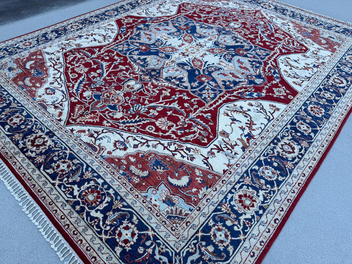 8x10 Handmade Afghan Wool Rug | Red & Navy Floral Medallion Rug | Traditional Oriental Area Rug