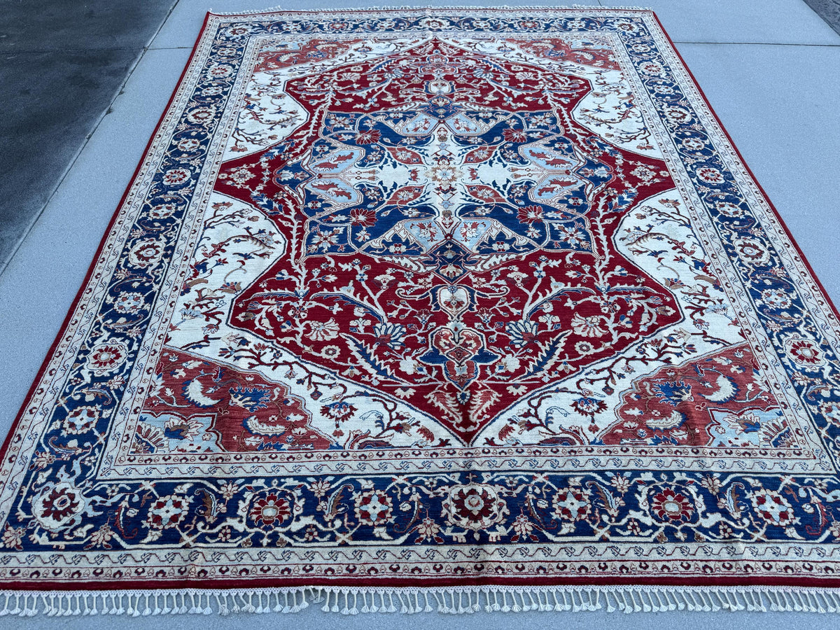 8x10 Handmade Afghan Wool Rug | Red & Navy Floral Medallion Rug | Traditional Oriental Area Rug